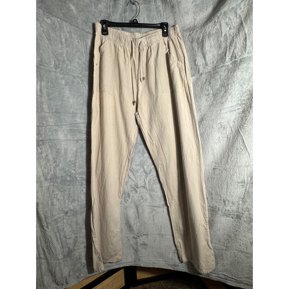 Drawstring‎ Pants Beige Women long Size L 100%  Peruvian cotton  flowy